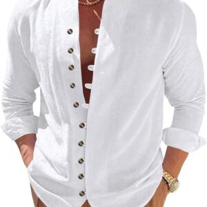 Men's Button Down Shirt Long Sleeve V Neck T-Shirt Trendy Vintage Solid Color White Stand Collar Loose Fit Lightweight Tee Fall Vacation Outdoor Casual Tops M : Clothing, Shoes & Jewelry